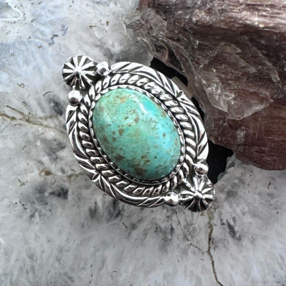 Sterling Southwestern Style Oval Turquoise Decorated Adjustable Ring For Women - Picture 1 of 10